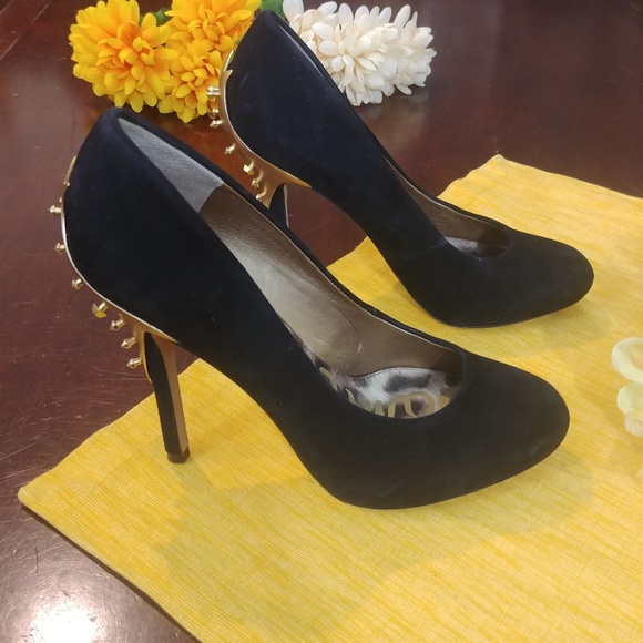 Sam Edelman Evan Spike Gold Black Leather Heel - Picture 2 of 5